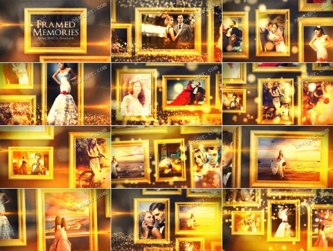 华丽的金色相框婚礼照片展示AE模板