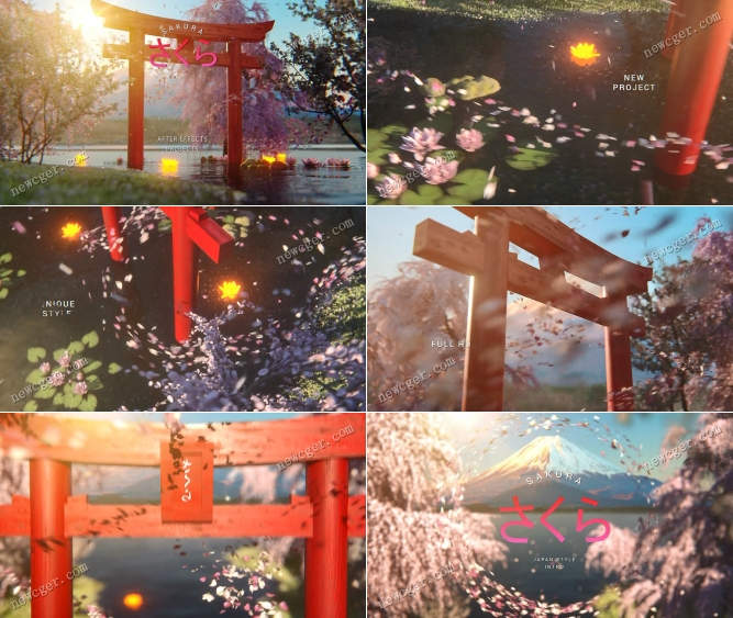 唯美樱花在神社门周围飞舞的日式片头动画AE模板
