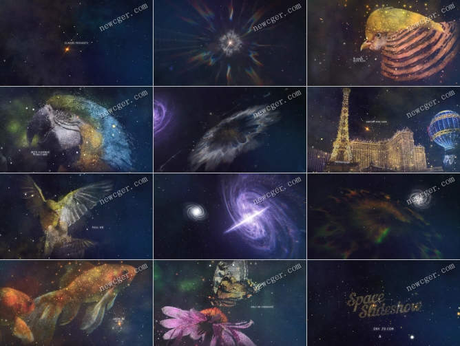 唯美粒子星空图像展示特效AE模板，含星座和爆发特效